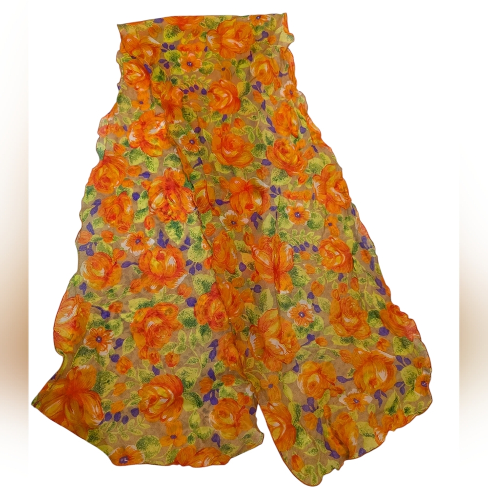70s Vintage Women's Silky Orange Yellow Green Floral‎ Rose Print Scarf